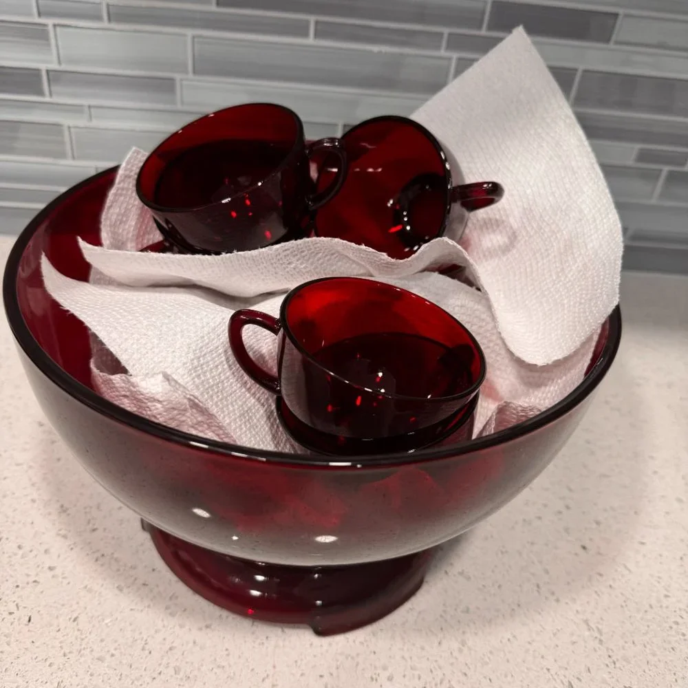Vintage Anchor Glass Hocking Royal Ruby Punch Bowl Base Cups Party Set Serving